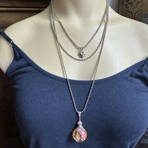 VTG Pendant Necklace 24" Multi Strand Ball Chain Heart Pink Green Acrylic Floral